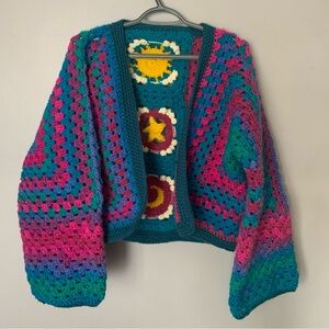 Multicolor Crochet Women's Cropped Hexi Cardigan Sweater